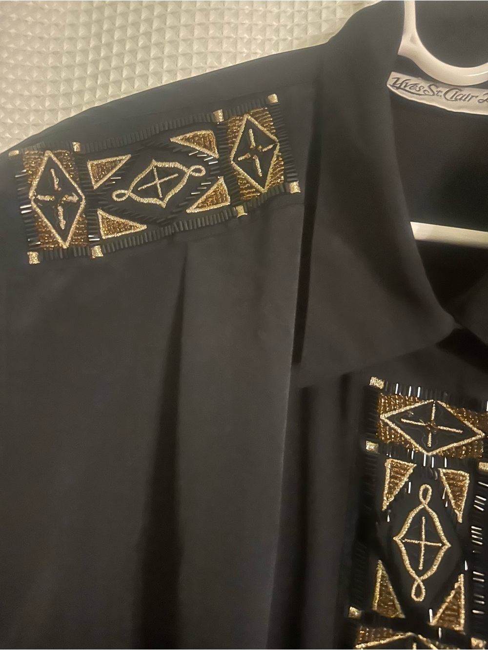 Black Embellished Button-Down Shirt with Gold Accents - Picture 2 of 8